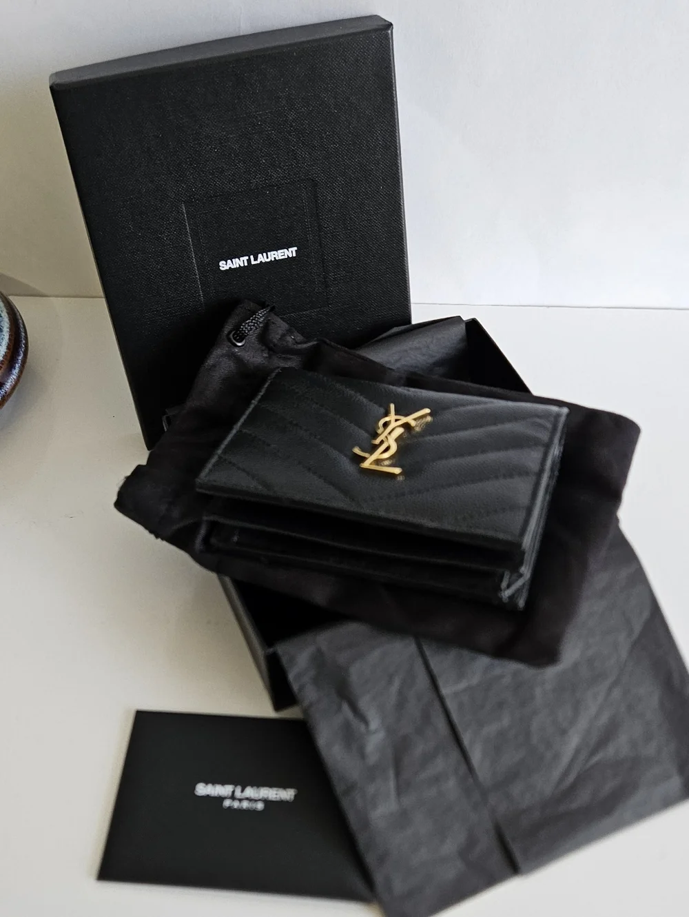YSL Cassandra Chevron Quiltet Leather Envelope Wallet Box Cards Dust Bag FIRM - Picture 7 of 14